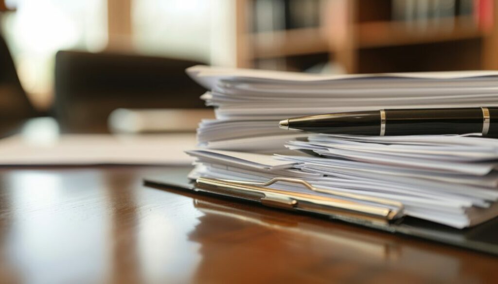 Stack of documents about a car accident on a desk