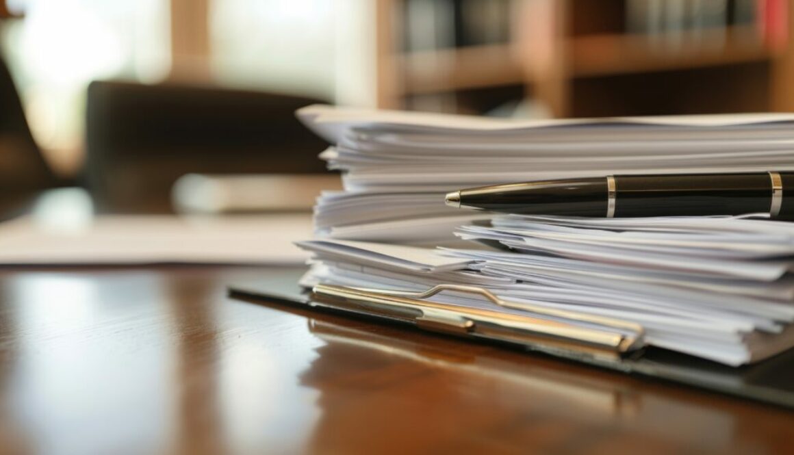 Stack of documents about a car accident on a desk