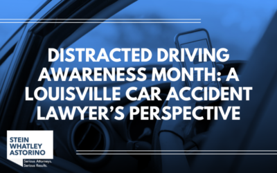 Auto accident lawyers of Stein Whatley Astorino, PLLC graphic of driver holding a cell phone with text, "Distractive driving awareness month: A Louisville Car Accident Lawyer's Perspective"