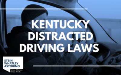 Louisville car accident lawyers of Stein Whatley Astorino, PLLC blog graphic of a man driving a car while texting with the text, "Kentucky Distracted Driving Laws"
