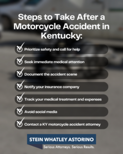 Louisville motorcycle accident lawyers of Stein Whatley Astorino, PLLC graphic summary of steps to take after a motorcycle accident in Kentucky with the text, "Steps to Take After a Motorcycle Accident in Kentucky: Prioritize Safety and Call for Help Seek Immediate Medical Attention Document the Accident Scene Notify Your Insurance Company Track Your Medical Treatment and Expenses Avoid Social Media Contact a Kentucky Motorcycle Accident Attorney Stein Whatley Astorino Serious Attorneys. Serious Results."